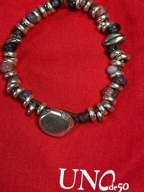 Authentic Uno de 50 brown leather silver and stone bracelet 7.5”